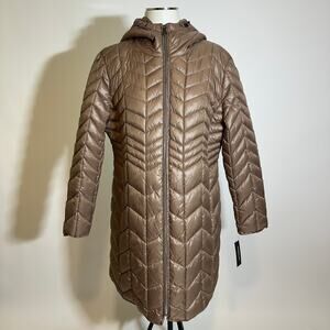NWT Kenneth Cole NY Tan Long Quilted Puffer Jacket Coat Hooded Womens Size XL